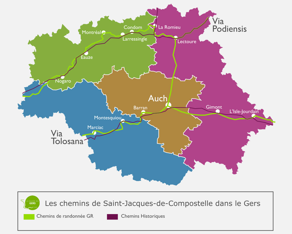 Map of the paths of Santiago de Compostela in the Gers