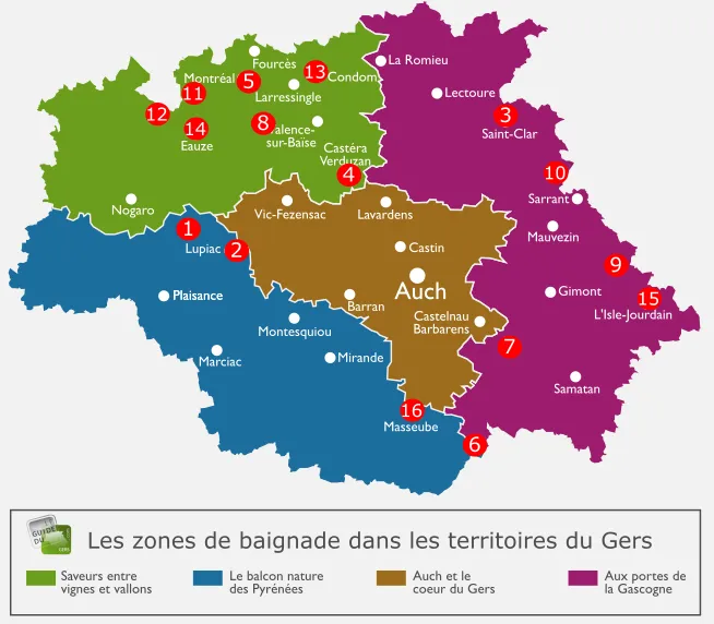 Map of bathing areas in the Gers